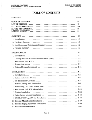 Page 1INTER-TEL PRACTICES 
GMX-48 INSTALLATION & MAINTENANCE . . 
TABLE OF CONTENTS 
Issue 2, May 1990 
TABLE OF CONTENTS 
CONTENTS PAGE 
TABLE OF CONTENTS ... 
.................................................... 111 
LIST OF FIGURES ....................................................... vi 
FCC REGULATIONS ... 
..................................................... 
VII1 
SAFETY REGULATIONS .................................................. ix 
LIMITED WARRANTY...