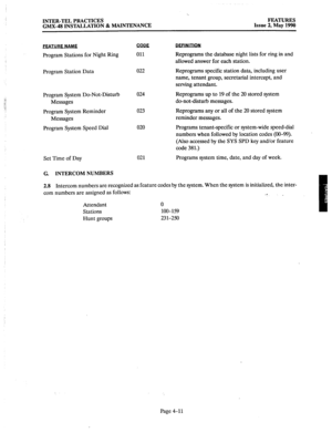 Page 101INTER-TEL PRACTICES FEATURES 
GMX-48 INSTALLATION 8z MAINTENANCE Issue 2, May 1990 
FFATURE NAME 
Program Stations for Night Ring 
Program Station Data 
Program System Do-Not-Disturb 
Messages 
Program System Reminder 
Messages 
Program System Speed Dial 
Set Time of Day DEFlNlTlON 
Reprograms the database night lists for ring in and 
allowed answer for each station. 
022 
024 
023 
020 
021 Reprograms specific station data, including user 
name, tenant group, secretarial intercept, and 
serving...