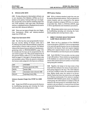 Page 130FEATURES 
Issue 2, May 1990 INTER-TEL PRACTICES 
GMX-48 INSTALLATION & MAINTENANCE 
B. SINGLE-LINE SETS 
5.38 If using 
Advanced or Intermediate software, up 
to two Accessory Port Modules (APMs) can be in- 
stalled on the system. Each provides up to six single- 
line circuits that can be used for installing single-line 
sets, FAX machines, voice mail units, off-premises 
stations, or playback devices. (Playback devices can be 
used only with 
Advanced software.) 
5.39 There are two types of single-line...