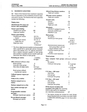 Page 14OVERVIEW 
Issue 2, May 1990 ‘. 
INTER-TEL PRACTICES 
GMX-48 INSTALLATION & MAINTENANCE 
G. MAXIMUM CAPACITIES 
4.2 
Some of the features have maximum capacities 
that are dependent on the availability of system chan- 
nels and/or circuits. The features that have capacities 
include the following: 
Paging zones 
Simultaneous five-party con- 
ference calls (unamplified) 
System speed dialing 
Numbers per system 
Digits per number 
Station speed dialing 
Numbers per station 
- keyset 
Numbers per station 
-...