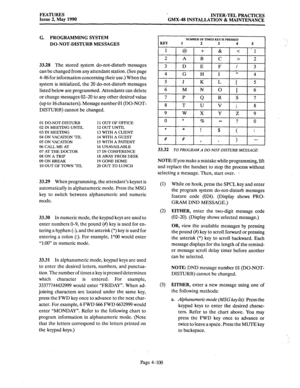 Page 190FEATURES 
Issue 2, May 1990 ‘. 
INTER-TEL PRACTICES 
GMX-48 INSTALLATION & MAINTENANCE 
G. PROGRAMMING SYSTEM 
DO-NOT-DISTURB MESSAGES 
33.28 The 
stored system do-not-disturb messages 
can be changed from any attendant station. (See page 
4-86 for information concerning their use.) When the 
system is initialized, the 20 do-not-disturb messages 
listed below are programmed. Attendants can delete 
or change messages 02-20 to any other desired value 
(up to 16 characters). Message number 01 (DO-NOT-...