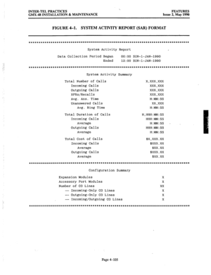 Page 195INTER-TEL PRACTICES 
GMX.48 INSTALLATION & MAINTENANCE FEATURES 
Issue 2, May 1990 
FIGURE 4-l. SYSTEM ACTIVITY REPORT (SAR) FORMAT 
********************************************************************************* 
System Activity Report 
Data Collection Period Began 
0O:OO SUN-l-JAN-1990 
Ended 12:00 SUN-l-JAN-1990 
*********************************************************************************** 
System Activity Summary 
Total Number of Calls x,xxx,xxx 
Incoming Calls xxx,xxx 
Outgoing Calls xxx,xxx...