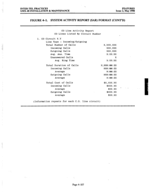 Page 197INTER-TEL PRACTICES 
GMX-48 INSTALLATION & MAINTENANCE FEATURES 
Issue 2, May 1990 
FIGURE 4-l. SYSTEM ACTMTY REPORT (SAR) FORMAT (CONT’D) 
CO Line Activity Report 
CO Lines Listed By Circuit Number 
1. CO Circuit X.Y 
Line Type - Incoming/Outgoing 
Total Number of Calls 
Incoming Calls 
Outgoing Calls 
Avg. Ans. Time 
Unanswered Calls 
Avg. Ring Time 
Total Duration of Calls 
Incoming Calls 
Average 
Outgoing Calls 
Average 
Total Cost of Calls 
Incoming Calls 
Average 
Outgoing Calls 
Average x,xxx,xxx...