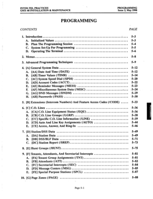 Page 202INTER-TEL PRACTICES 
GMX.48 INSTALLATION & MAINTENANCE ... 
PROGRAMMING 
Issue 2, May 1990 
PROGRAMMING 
CONTENTS PAGE 
1. Introduction ......................................................... s-3 
A. Initialized Values ................................................. 53 
B. Plan The Programming Session .................................... 5-4 
C. System Set-Up For Programming ................................... 5-5 
D. Operating The Terminal ........................................... 5-6 
2. Menus...