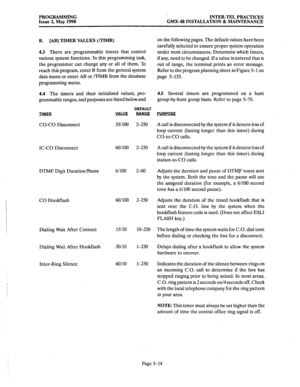 Page 215PROGRAMMING 
Issue 2, May 1990 
‘. 
INTER-TEL PRACTICES 
GMX-48 INSTALLATION & MAINTENANCE 
B. [AB] TIMER VALUES (/TIMR) 
4.3 There are programmable timers that control 
various system functions. In this programming task, 
the programmer can change any or all of them. To 
reach this program, enter B from the general system 
data menu or enter Al3 or /+T’IMR from the database 
programming menu. on the following pages. The default values have been 
carefully selected to ensure proper system operation...