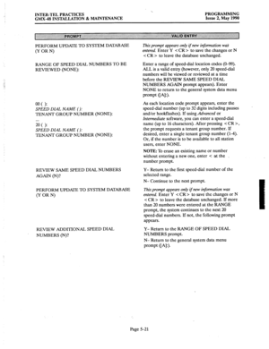 Page 222./ INTER-TEL PRACTICES 
GMX-48 INSTALLATION & MAINTENANCE ‘.. 
PROGRAMMING 
Issue 2, May 1990 
PERFORM UPDATE TO SYSTEM DATABASE 
(Y OR N) 
RANGE OF SPEED DIAL NUMBERS TO BE 
REVIEWED (NONE): 
N( >: SPEED DIAL NAME 0: 
TENANT 
GROUP NUMBER (NONE): 
. . . 
20 ( ): 
SPEED DIAL NAME 0: 
TENANT 
GROUP NUMBER (NONE): 
REVIEW SAME SPEED DIAL NUMBERS Y- Return to the first speed-dial number of the 
AGAIN (N)? selected range. 
N- Continue to the next prompt. 
PERFORM UPDATE TO SYSTEM DATABASE 
(Y OR N) 
REVIEW...