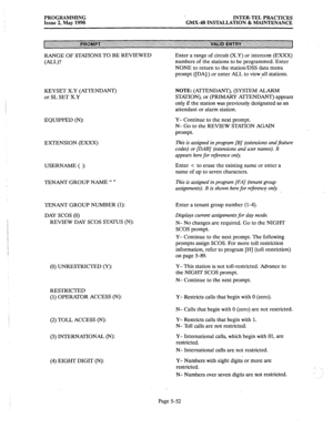 Page 253PROGRAMMING 
Issue 2, May 1990 INTER-TEL PRACTICES 
GMX-48 INSTALLATION & MAINTENANCE 
RANGE OF STATIONS TO BE REVIEWED 
(ALL)? Enter a range of circuit (X.Y) or intercom (EXXX) 
numbers of the stations to be programmed. Enter 
NONE to return to the station/DSS data menu 
prompt ([DA]:) or enter ALL to view all stations. 
KEYSET X.Y (ATTENDANT) 
or SL SET X.Y 
EQUIPPED (N): 
EXTENSION (EXXX) 
USERNAME ( ): 
TENANT GROUP NAME “ ” 
TENANT GROUP NUMBER (1): Enter a tenant group number (l-4). 
DAY SCOS (0)...