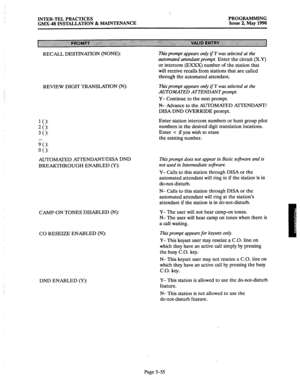 Page 256INTER-TEL FRACTICES PROGRAMMING 
GMX-48 INSTALLATION & MAINTENANCE Issue 2, May 1990 
RECALL DESTINATION (NONE): This prompt appears only if Y was selected at the 
automated attendant prompt. 
Enter the circuit (X.Y) 
or intercom (EXXX) number of the station that 
will receive recalls from stations that are called 
through the automated attendant. 
REVIEW DIGIT TRANSLATION (N): 
This prompt appears only if Y was selected at the 
AUTOMATED ATTENDANTprompt. 
Y- 
Continue to the next prompt. 
N- Advance to...