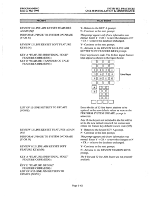 Page 263PROGRAMMING 
Issue 2, May 1990 ‘. 
INTER-TEL PRACTICES 
GMX.48 INSTALLATION & MAINTENANCE 
REVIEW 24-LINE AIM KEYSET FEATURES 
AGAIN (N)? 
PERFORM UPDATE TO SYSTEM DATABASE 
(Y OR N) 
REVIEW 1ZLINE KEYSET SOFT FEATURE 
KEYS (N): 
KEY A “FEATURE: INDIVIDUAL HOLD” 
FEATURE CODE (E336) 
: 
KEY 
B “FEATURE: TRANSFER CO CALL’ 
FEATURE CODE (E345) 
: 
LIST OF 1ZLINE KEYSETS TO UPDATE 
(NONE): 
REVIEW 1ZLINE KEYSET FEATURES AGAIN 
(N)? 
PERFORM UPDATE TO SYSTEM DATABASE 
CYORN) 
REVIEW S/12-LINE AIM KEYSET SOFT...