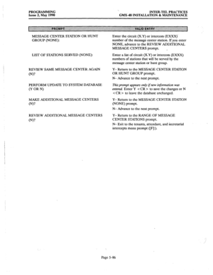 Page 287PROGRAMMING 
Issue 2, May 1990 ‘. 
INTER-TEL PRACTICES 
GMX-48 INSTALLATION & MAINTENANCE 
MESSAGE CENTER STATION OR HUNT 
GROUP (NONE): 
LIST OF STATIONS SERVED (NONE): Enter the circuit (X.Y) or intercom (EXXX) 
number of the message center station. 
If you enter 
NONE, advance to the REVIEW ADDITIONAL 
MESSAGE CENTERS prompt. 
_ 
Enter a list of circuit (X.Y) or intercom (EXXX) 
numbers of stations that will be served by the 
message center station or hunt group. 
REVIEW SAME MESSAGE CENTER AGAIN...