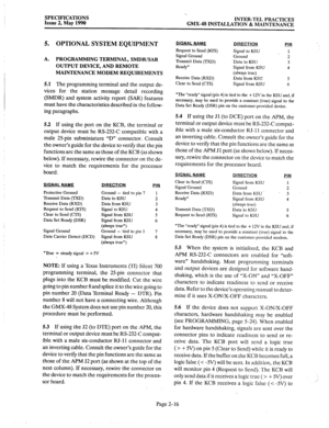 Page 30SPECIFICATIONS 
Issue 2, May 1990 ‘,. 
INTER-TEL PRACTICES 
GMX-48 INSTALLATION & MAINTENANCE 
5. OPTIONAL SYSTEM EQUIPMENT 
A. PROGRAMMING TERMINAL, SMDR/SAR 
OUTPUT DEVICE, AND REMOTE 
MAINTENANCE MODEM REQUIREMENTS 
5.1 The 
programming terminal and the output de- 
vices for the station message detail recording 
(SMDR) and system activity report (SAR) features 
must have the characteristics described in the follow- 
ing paragraphs. 
5.2 If using the port on the KCB, the terminal or 
output device must...