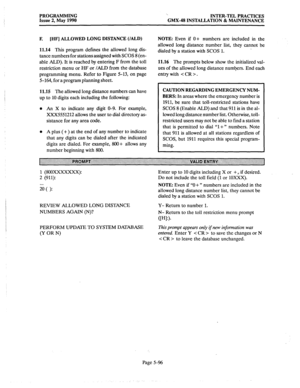 Page 297PROGRAMMING 
Issue 2, May 1990 ‘. 
INTER-TEL PRACTICES 
GMX-48 INSTALLATION & MAINTENANCE 
E [HF] ALLOWED LONG DISTANCE (/ALD) 
11.14 
This program defines the allowed long dis- 
tance numbers for stations assigned with SCOS 8 (en- 
able ALD). It is reached by entering F from the toll 
restriction menu or HF or /AID from the database 
programming menu. Refer to Figure 5-13, on page 
5-164, for a program planning sheet. 
11.15 The allowed long distance numbers can have 
up to 10 digits each including the...