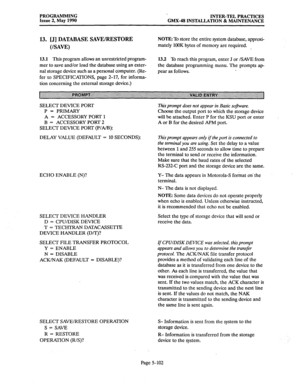 Page 303PROGRAMMING 
INTER-TEL PRACTICES 
Issue 2, May 1990 
GMX-48 INSTALLATION & MAINTENANCE 
13. [J] DATABASE SAVE/RESTORE 
(/SAVE) NOTE: To store the entire system database, approxi- 
mately 1OOK bytes of memory are required. 
13.1 This program allows an unrestricted program- 
mer to save and/or load the database using an exter- 
nal storage device such as a personal computer. (Re- 
fer to SPECIFICATIONS, page 2-17, for informa- 
tion concerning the external storage device.) 132 To reach this program, enter...