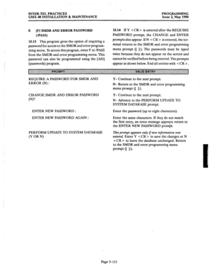 Page 312INTER-TEL PRACTICES PROGRAMMING 
GMX-48 INSTALLATION & MAINTENANCE Issue 2, May 1990 
E [F] SMDR AND ERROR PASSWORD 
(/PASS) 
15.13 
This program gives the option of requiring a 
password for access to the SMDR and error program- 
ming menu. To access this program, enter F or /PASS 
from the SMDR and error programming menu. This 
password can also be programmed using the [AH] 
(passwords) program. 
15.14 If Y < CR > is entered after the REQUIRE 
PASSWORD prompt, the CHANGE and ENTER 
prompts also appear....