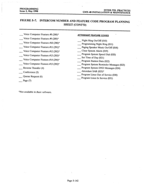 Page 343PROGRAMMING 
Issue 2, May 1990 
‘_ 
INTER-TEL PRACTICES 
GMX-48 INSTALLATION dz MAINTENANCE 
FIGURE 5-7. 
INTERCOM NUMBER AND FEATURE CODE PROGRAM PLANNING 
SHEET (CONT’D) 
_ Voice Computer Feature #8 (288)* 
_ Voice Computer Feature #9 (289)* 
_ Voice Computer Feature #lO (290)* 
_ Voice Computer Feature #11(291)* 
_ Voice Computer Feature #12 (292)* 
_ Voice Computer Feature #13 (293)* 
_ Voice Computer Feature #14 (294)* 
_ Voice Computer Feature f15 (295)* 
_ Reverse Transfer (4) 
_ Conference (5) 
_...