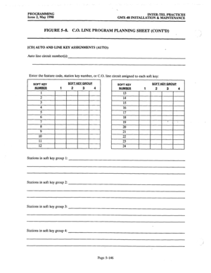 Page 347PROGRAMMING 
Issue 2, May 1990 INTER-TEL PRACTICES 
GMX-48 INSTALLATION & MAINTENANCE 
FIGURE 5-8. C.O. LINE PROGRAM PLANNING SHEET (CONT’D) 
[CD] AUTO AND LINE KEY ASSIGNMENTS (AUTO): 
Auto line circuit number(s): 
Enter the feature code, station key number, or C.O. line circuit assigned to each soft key: 
SOFT KEY SOFT KEY GROUP 
SOFT KEY SOFT KEY GROUP 
NUMBER 1 
2 3 4 1 NUMBFR 1 2 3 4 
Stations in soft key group 1: 
Stations in soft key group 2: 
Stations in soft key group 3: 
Stations in soft key...