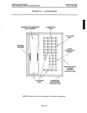 Page 37INTER-TEL PRACTICES 
GMX-48 INSTALLATION & MAINTENANCE SPECIFICATIONS 
Issue 2, May 1990 
FIGURE 2-4. 1ZLINE KEYSET 
HEARING AID-COMPATIBLE 
8 SPEED-DIAL 
(HAC) HANDSET KEYS 
INTERNAL 
SPEAKER 
10 FEATURE 
KEYS 
HANDSFREE 
MICROPHONE 
(underneath edge) 1 
P 
RI 
(u1 
I2 C.O. LINE 
KEYS 
/ 
12-KEY 
USHBUTTON 
KEYPAD 
 
NG AND VOICE 
VOLUME 
CONTROLS 
nderneath edge) 
NOTE: The keys are shown as they appear in the default configuration. 
Page 
2-23  