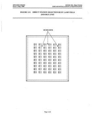 Page 38SPECIFICATIONS 
Issue 2, May 1990 1. 
INTER-TEL PRACTICES 
GMX.48 INSTALLATION & MAINTENANCE 
FIGURE 2-5. DIRECT STATION SELECTION/BUSY LAMP FIELD 
(DSSIBLF) UNIT 
60 DSS KEYS 
Page 2-24  