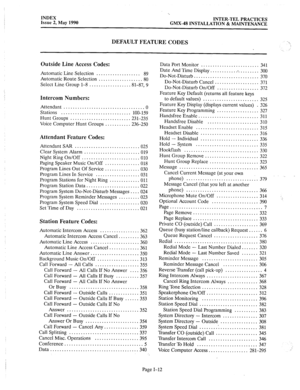 Page 424INDEX 
Issue 2, May 1990 ‘.. 
INTER-TEL PRACTICES 
GMX-48 INSTALLATION & MAINTENANCE 
DEFAULT FEATURE CODES 
‘ 
Outside Line Access Codes: 
Automatic Line Selection 
................... 89 
Automatic Route Selection 
................... 80 
Select Line Group l-8 
.................. 81-87, 9 
Intercom Numbers: 
Attendant 
................................... . 
Stations .............................. 
loo-159 
Hunt Groups 
........................ ..231-23 5 
Voice Computer Hunt Groups 
........... 236-250...