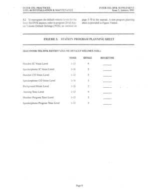 Page 436ISTER.TEL PRACTICES ISTER-TELiD\X SUPPLE\lEST 
G\IS-18 INTSTALLATION 8r hIAISTEX.X?iCE Issue 1, Januaq 1991 
5.2 To reprogram the default volume levels for rhz 
Inter-TeliDVK keysets, refer to program [D.AI] Key- 
set 1blume Default Settings (NOL) as outlined on page j-70 in the manual. X new program planning 
sheet is provided in Figure 
3 below. 
FIGURE 3. ST.ITIOS PROGRAM PLAXXSG SHEET 
IDXI] INTER-TELIDVK KEYSET \.OL’USIE DEF.iULT VOLUhlES (-VOL): 
Handset IC Voice Level 
Speakerphone IC Voice Level...