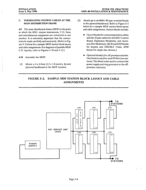 Page 47INSTALLATIQN 
Issue 2, May 1990 
‘. 
INTER-TEL PRACTICES 
GMX-48 INSTALLATION & MAINTENANCE 
C. TERMINATING STATION CABLES AT THE 
(2) Attach up to six 66Ml-50-type terminal blocks 
MAIN DISTRIBUTION FRAME to the plywood backboard. Refer to Figure 3-2 
below for a sample MDF station block layout 
4.9 The main distribution frame (MDF) is the point 
and cable assignments. Station blocks include: 
at which the KSU, station instruments, C.O. lines, 
and miscellaneous equipment are connected to one 
another....