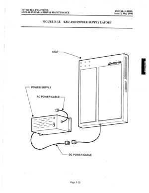 Page 64INTER-TEL PRACTICES 
GMX-48 INSTALLATION & MAINTENANCE INSTALLATION 
Issue 2, May 1990 
FIGURE 3-13. 
KSU AND POWER SUPPLY LAYOUT 
- POWER SUPPLY 
 AC POWER CABLE 
 - DC POWER CABLE 
Page 3-25  