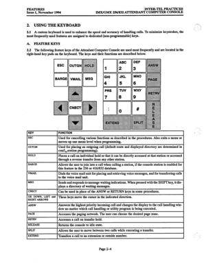 Page 24INTER-TELPRACTICES 
lMX/GMX 256/832 A’ITENDANT COMPUTER CONSOLE 
2. USING THE KEYBOARD , -7.7.  
. . 
2.1 A custom keyboard is used to enhance the speed and accuracy of handling calls. To minimize keystrokes, the 
most frequently used features are assigned to dedicated (non-programmable) keys. . .J, 
A FEAlTJREKEYs 
2.2 The following feature keys of the Attendant Computer Console are used most frequently and are located in the 
right-hand key pads on the keyboard. The keys and their functions are...