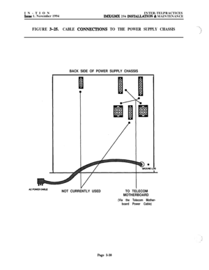 Page 112IN-TIONINTER-TELPRACTICESIssue 1. November 1994lMX/GMX 256 INSTALLAT’ION & MAINTENANCE
FIGURE 3-XCABLE CONNECI’IONS TO THE POWER SUPPLY CHASSIS---x.\
,j
BACK SIDE OF POWER SUPPLY CHASSIS
NOT CURRENTLY USEDTO TELECOM
MOTHERBOARD
(Via the Telecom Mother-
board Power Cable)
Page 3-38 