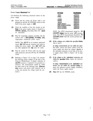 Page 116INSTALLATION
Issue 1, November 1994INTER-TELPRACTICESIMX/GMX 256 INSTALLATON & MAINTENANCE
Power Supply 
Electrical Test
6.8 Perform the following electrical check on the
power supply.
(1)
(2)
(3)
(4)
0
Ensure that the system AC Power cable is notplugged in and the AC POWER switch on the
front of the power supply is OFP.
Check the condition of the fuse located on the
front of the power supply chassis. It should be a
2!5OVAC, 10/l%, time-delay Buss SC- lo/15
(or equivalent).
Plug the surge/spike protector...