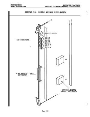 Page 122IN-TIONIssue 1, November 1994INTER-TELlPRJuxmxslTM.X/GMX 256 INSUTION & MAINTENANCE
FIG- 3-30.DIGITAL KEYSET CARD (DKSC)
e
LED INDICATORS<
AMPHENOL-TYPE .
CONNECTOR
\Rb ACTIVE (GREEN)
IcKT1,2CKT 3,4CKT 5,sCKT. 7,8CKT 9.10CKT. 11,12CKT. 13,14
53C
: 15,18OPTIONAL 
DlGlTAL
SIGNAL PROCESSOR
.
.--
Page 3-48 