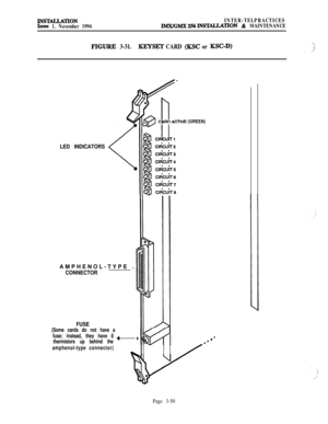 Page 124INS’BLLATIONIssue 1. November 1994INTER-TELPRACTICESIMX/GMX256INSTALLATION & MAINTENANCE
.\
FIG@E 3-31.KEYSET CARD (KSC or KSC-D).. 1
LED INDICATORS
