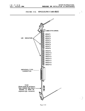 Page 126IN-TIONIssue 1. November 1994
INTER-TELPRACTICES
lMX/GMX 256 INSTALLATION & MAINTENANCE
FIGURE 3-32.SINGLELINE CARD (SLC)\j;I
LED INDICATORS
AMPHENOL-TYPE
CONNECTOR. 
’
4
FUSE
(Some cards do not have a
fuse; instead, they have a 
--a
thermistor up behind the
amphenol-type connector)
F
CARD ACTIVE (GREEN)
,
.-.*Page 3-52 