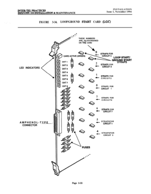 Page 129INTER-TEZPRACTICESIMX/GMX 256 INS-TION & MAINTENANCE
INSTALLATIONIssue 1, November 1994
FIGURE 3-34.LOOP/GROUND STAiZT CARD (LGC)
LED INDICATORSAMPHENOL-TYPE .
CONNECTOR
.THESE NUMBERS
ARE SILKSCREENED
ON 
THE CARD
2STRAPSSTRAFS FOR- CIRCUlT3
Q
1STRWS FOR
Q
- CIRCUIT2
0
STRAPS FOR
- ClRCUlT 1
7STRAPS FOR
- CIRCUIT8
62
6STRAF% FOR- ClRCUrr7
5- STRAPSFOR
Q
ClRCUlT 6
ff- STRAPSFOR
QCIRCUIT 5
Page 3-55 