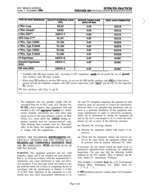 Page 16FCC REGULATIONS
Issue 1, November 1994IIUTER-TELPRACTICESIM.X/GMX 256 INSTALLATION & MAINTENANCE
* Available with MF-rated systems only. According to FCC regulations, tar%& do not permit the use of ground-
start facilities with RF-rated systems.
* *When using Tl facilities to provide DID service, do not use the DID facility interface code (FIG) as listed above;
instead, provide the telephone company with DID answer supervision code 
“AS.2” and the FIC for the requested
Tl service.
c** Also interfaces...