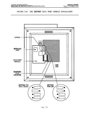 Page 153INTER-TELPRACTICESIMX/GMX 256 HWTALLATION & MAINTENANCElNSTALLATIONIssue 1, November 1994
FIGURE 3-45.IMX KEYSET DATA PORT MODULE INSTALLATION
STRAPS
MODULAI
JACK
DATA POF
MODULER
IT
.
3
v
L
SHORTINt
PLUG
LOCATIOI
SE-WING FOR
DATA DEVICE
Page 3-79 