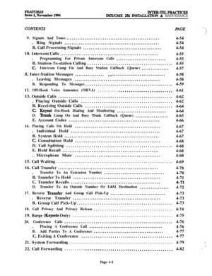 Page 176INTER-TELPRAcmCEsIMX/GMX 256 INSX4LLATION 81 MAINTENANCE
CONTENTS
/
9. Signals And Tones...................................................
4-54
. Ring Signals
....................................................4-54
B. Call Processing Signals
...........................................4-54
10. Intercom Calls
......................................................
4-55
.
Programming For Private Intercom Calls...........................4-55
B. Station-To-station Calling...