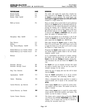 Page 183INTER-TELPRACTICESFEATURES
JMX/GMX 256 INSTALLATION & MAINTENANCEIssue 1, November 1994
Headset Enable
315
Headset Disable
316
Headset Mode On/Off
317The enable code signals the system that a headset has
been connected to the 
keyset. The disable code returns
the 
keyset to normal operation. The on/off feature code
canbeusedtotogglethefeatureonoroff,anditcanbe
assigned to a single feature key.Hold
- System33sPlaces an outside call on system hold. It can be picked up
directly at any 
keyset that has an...
