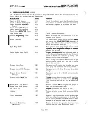 Page 184FEATURES
Issue 1, November 1994INTER-TELPRACTICES
IhEUGMX256INsZ4UATION & MAINTENANCE
G. AlTENDANTFEATCJRE CODES
2.9The following feature codes may be used only at designated attendant stations. Non-attendant station users bear
reorder tones if they attempt to use these feature codes.
-.” 3
2
Cancel All DND Requests
Cancel All Station FWD RequestsCancel All Station 
DNDE’WD
Requests012Cancels Do-Not-Disturb and/or Call Forwarding feature
013for all stations or individual stations that are served by...