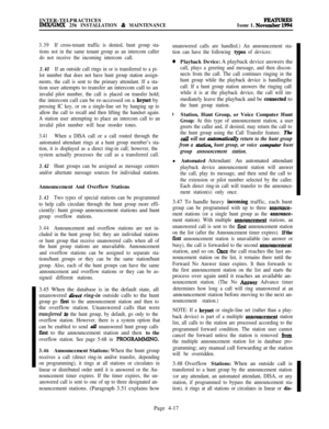 Page 191INTER-TELPRACTICESIMX/GMX 256 INSTALLATION & MAINTENANCEIssue 1. No”%=
3.39If cross-tenant traffic is denied, hunt group sta-
tions not in the same tenant group as an intercom caller
do not receive the incoming intercom call.
3.40If an outside call rings in or is transferred to a pi-
lot number that does not have hunt group station assign-
ments, the call is sent to the primary attendant. If a sta-tion user attempts to transfer an intercom call to an
invalid pilot number, the call is placed on transfer...