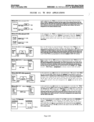 Page 210INTER-TELPRAcTICEsIMWGMX 256 INSTALLATION & MAINTENANCE
FIGURE 4-l.Tl SPAN APPLICATIONS\
j
256-to-CO with external CSUIn this application, the TlCs are connected to the central office using an external
In this application, the 
TlCs are connected directly to the central office and optional
on-board Csus are used. The line buildout is programmed to match the distant to
the CO (or nearest repeater), up to 6000 feet. Both cards draw reference clock from
the public network and are slave clocks One card is...