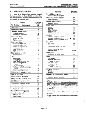 Page 26OVERVIEW
Issue 1, November 1994INTER-TELPRACTICESIMX/GMX 256 lNSTALLATION % MAINTENANCEH. 
MAXIMUMCAPAClTlE!36.2
Some of the features have maximum capacitiesthat are dependent on the availability of system chan-
nels and/or circuits. The features with such capacities
are listed in the following table.
FEATURE1 CAPACllY
Voon-blocking voice chaanels/poxts
Paging zones
Extexnal paging pelts
Conference dmuits available
Parties per conference
Simultaneous conferences
System speed dialing
Numbers per...