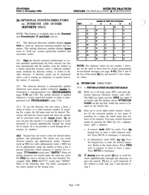 Page 264lNrER-TELPRACTICESIMNGMX 256 INSTALLATION & MAINTENANCE
24. OPTIONAL SYSTEM DIRECI’ORY
- INTERCOM AND OUTSIDE
(KEYSETS ONLY)NOTE: This feature is available only in the 
Extended
and Ertendedplus Tl andE&U software.
24.1The intercom directory enables display keyset
users to “look up” intercom extension numbers and usernames. The outside directory enables display 
keysetusers to “look up” system speed-dial numbers and
associated names.
24.2
Ona the desired extension number/name or sys-
tem speeddial...