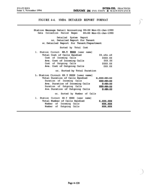 Page 294FEATURESIssue 1, November 1994INTER-TELf PRACTICESIMX/GMX 256 INS-TION & MAINTENANCE
FIGURE 4-4.SMDA DETAILED REPORT FORMAT-“;
$Station Message Detail Accounting 
0O:OO Mon-Ol-Jan-1990
Data Collection Period Began0O:OO Mon-Ol-Jan-1990
Detailed System Reportor, Detailed Report for Tenant
or, Detailed Report for Tenant/Department
Sorted by Total Cost
1. Station Circuit 
XX.Y. EXXX {user name]Total Cost of Calls Handled
$X,xXx.xX
Cost of Incoming Calls
$XXX.XXAve. Cost of Incoming Calls
$XX.XX
Cost of...