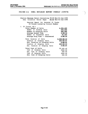 Page 296INTER-TELPRACTICESIMX/GMX 256 INSTALLATION % MAINTENANCE
FIGURE 4-4.SMDA DETAILED REPORT FORMAT (CONT’D)’ -ajjStation Message Detail Accounting 
0O:OO Mon-Ol-Jan-1990
Data Collection Period Began0O:OO Mon-Ol-Jan-1990
Detailed Report for Selected CO TrunksCO Trunks Listed by Circuit Number
1. CO Circuit XX.YTotal Number of Calls
xl-I=Number of Incoming CallsxXx,=Number of Outgoing Calls
=,=Average Answer TimeH:MM:SS
Number of Unanswered Calls=,=Average Ring Time -- Unanswered
H:MM:SS
Total Duration of...