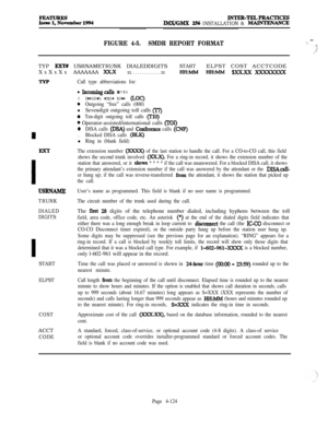 Page 298INTER-TELPRArnCES
IMX/GMX 256 INSTALLATION & MMNTENANCE
FIGURE 4-5.SMDR REPORT FORMAT--?
.,>TYP 
EXW USRNAMETRUNK DIALEDDIGITSSTARTELPST COST ACCTCODE
XxXxXx
W3RNAM.E
TRUNK
DIALED
DIGITS
START
ELPST
COSTACCT
CODEAAAAAAA 
xX.xxx. . . . . . . . . . . . . . xxHHMM HH:MM $xx.xxxxmaxxx
Call type abbreviations for:
l Inwmingcalls (IN)
.outgoing local calls (LOC)
0Outgoing “free” calls (000)lSevendigit outgoing toll calls 
07)
0Ten-digit outgoing toll calls (TlO)
0 Operator-assisted/international calls (I’DI)...