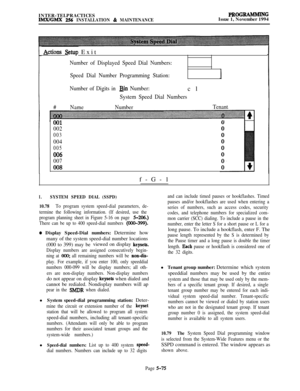 Page 374INTER-TELPRACTICESPROGRAMMING
IM.X/GMX 256 INSTALLATION 81 MAINTENANCEIssue 1, November 1994
Actions &tup Exit
Number of Displayed Speed Dial Numbers:
Speed Dial Number Programming Station:
I
Number of Digits in Bin Number:cl
System Speed Dial Numbers
Tenant
#NameNumber
001
002
003
004
005
006
007
008f-G-1
I.SYSTEM SPEED DIAL (SSPD)
10.78
To program system speed-dial parameters, de-
termine the following information. (If desired, use the
program planning sheet in Figure 5-16 on page
5-206.)
There can be...