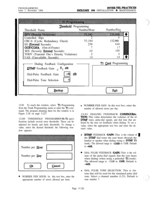 Page 425PROGRAMMINGIssue 1, November 1994
INTER-TRLPRACTxcES
lMX/GMX 256 INSTALLATION & MAINTENANCE
Threshold Name
meshold Programming
Number/HourNumber/Day
Controlled Slips
CRC-6 (Cyclic Redundancy Check)
ES 
(Errored Seconds)
OOF/COFA (Out-of-Frame)
SES (Severely 
Errored Seconds)
TODV (Transmit One’s Density Violations)
UAS (Unavailable Seconds)2
4
53,184132,960
259
648
717
40100
24
1010
.Dialing Feedback ConfigurationTl Qrd Programming
DTMF Feedback Gaincl0 dB
Dial-Pulse Feedback Gain
I-4 dB
Dial-Pulse Tone...