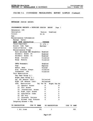 Page 456INTER-TELPRACTICESIMx/GMx 256 lNSTALLATION & MAINTENANCEPROGRAMMINGIssue 1, November 1994
FIGURE 5-2.CUSTOMIZED PROGRAMMING REPORT SAMPLES (Continued)
DETAILRD STATION REPORTS:PROGRAMMING REPORTS 
- DETAILEDSTATION REPORTPage 1Extension: 100
Description:
Circuit:
Name :Miscellaneous Information
Message Center:Station Undefined01.01 
-
BXT# CKT# DESCRIPTIONUSRNAME
Tenant/Department:
1( l/1( 1
Account Code Type:Neither
Class-of-Service Code:Miscellaneous Flags
Auto 
Att/DISA DND Breakthru: Enabled...