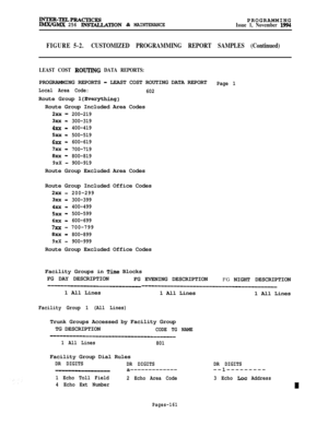 Page 460INTER-TELPRACTICESIMX/GMX 256 INSTALLATlON & MAINTENANCEPROGRAMMINGIssue 1, November 1994
FIGURE 5-2.CUSTOMIZED PROGRAMMING REPORT SAMPLES (Continued)
LEAST COST ROTJTING DATA REPORTS:PROGRAMMING REPORTS 
- LEAST COST ROUTING DATA REPORTPage 1
Local Area Code:
602Route Group 
l(Everything)Route Group Included Area Codes
2xX-200-219
3xX-300-319
4xX-400-419
5xX-500-519
6xx-600-619
7xX-700-719
8xx-800-819
9xX
-900-919Route Group Excluded Area Codes
Route Group Included Office Codes
2xX-200-299
3xX-300-399...