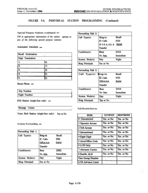 Page 475PROGRAMMING
Issue 1, November 1994INTER-TELPRACTICESIMX/GMX 256 INSTALLATION & MAINTENANCE
FIGURE 5-4.INDIVIDUAL STATION PROGRAMMING (Continued)
iSpecial Purpose Stations (continued) 
-
Fill in appropriate information if the station serva as
any of the following special purpose stations:
Automated Attendant -
Recall Destination:I
Digit Translation:
1:
16:
House Phone 
-
1 Day Number:
Night Number:
FAX Station (single-line only) 
-
I
Message Center:I
Voice Mail Station (single-line only):
Yes or NoSystem...